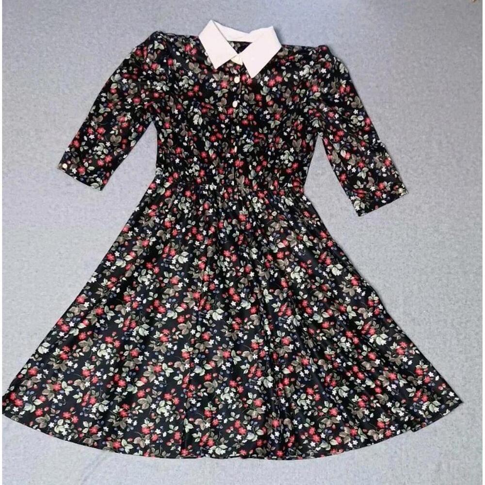 Homemade Grandmacore 3/4 Sleeve Midi Dress Womens Size Small Black Flowers... - Picture 1 of 10
